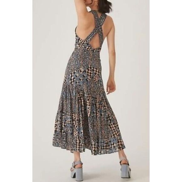Anthropologie Let Me Be Flounced Maxi Dress Womens S Geometric Print Tiered - Picture 5 of 16